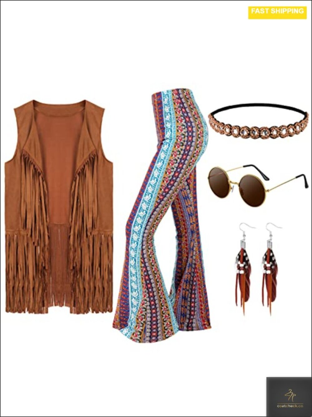 Women's 1970s Hippie Costume 5pc Fringe Vest Flare Pants Boho Party